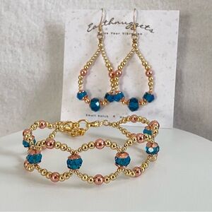 Handcrafted, artisan mixed metal beaded bracelet and teardrop dangle earring set
